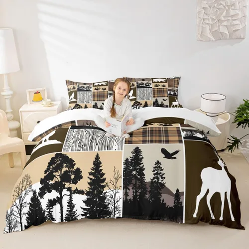 Miniatura 26 de Juego de funda de edredón para niños de ciervo, oso, lobo, tamaño individual, juego de ropa de cama de cabaña de aventura para niños, niñas