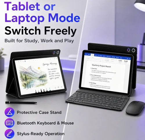 Miniatura 3 de Jeazans Tablet Android 16 de 10.1 pulgadas, paquete de tableta 2 en 1 con teclado, mouse inalámbrico, lápiz capacitivo, funda de cuero, cámara