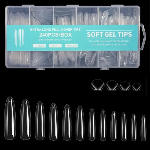 Miniatura 13 de Puntas de uñas largas cuadradas, 240 puntas de uñas de gel suave de cobertura completa, pregrabadas, 3XL, cuadradas transparentes, acrílicas