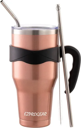 Miniatura 7 de Ezprogear – Vaso con aislamiento al vacío de doble pared de acero inoxidable, con pajilla y asa Azul marino gris
