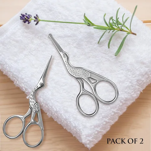 Miniatura 7 de Paquete de 2 tijeras de cigüeña curvadas y redondeadas, tijeras profesionales de belleza de acero inoxidable para cejas, vello facial, piel seca