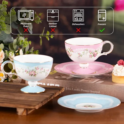 Miniatura 7 de KAMMAK Juego de 2 tazas de café de cerámica, tazas de café de porcelana con platillos, 6.52 onzas hechas a mano, elegante taza de té de porcelana