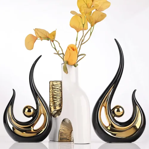 Miniatura 3 de XMGZQ 2 piezas Estatua de Arte Abstracto Moderno en Negro y Oro para Decoración de Mesa, Elegante Estatua de Cerámica para Acento de Decoración