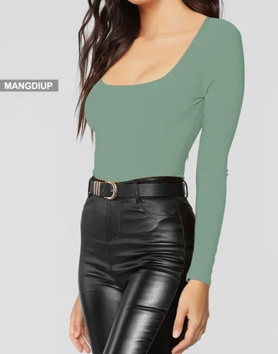 Miniatura 188 de MANGDIUP Body esencial para mujer, cuello redondo, manga larga, ajustado, elástico, de algodón y elastano