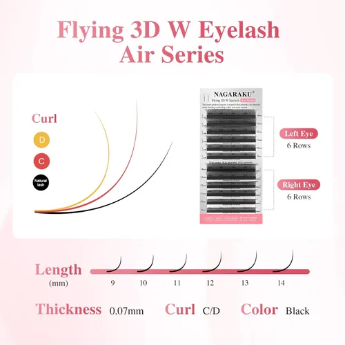Miniatura 65 de NAGARAKU Extensiones de pestañas falsas en forma de W de 4D, suaves y naturales, con volumen, rizado D, 0.07mm, mezcla de 8-15mm, abanico 0.07-D 4D W