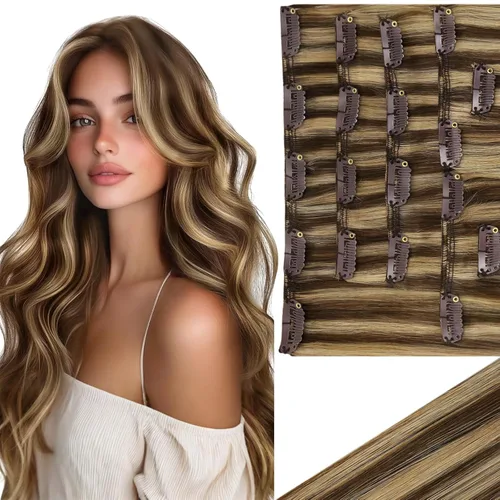 Ve Sunny Extensiones de cabello clip-in de cabello humano real con reflejos, extensiones de cabello con clip para cabello corto, marrón oscuro con