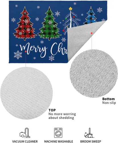 Miniatura 3 de Tapete para puerta delantera, a cuadros, árbol de Navidad, copo de nieve, azul, feliz Navidad, absorbente, resistente a la suciedad, tapetes