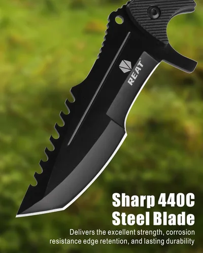 Miniatura 3 de REAT Cuchillo de hoja fija con funda, hoja de acero 440C de 4.1 pulgadas con diseño de espiga completa, mango ergonómico de plástico ABS, cuchillo