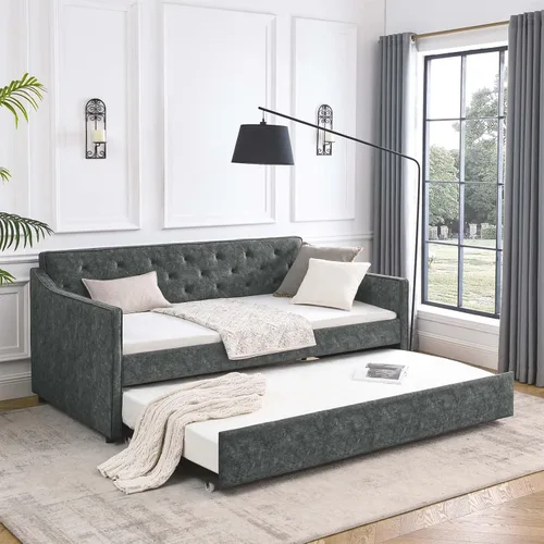Antetek Sofá cama con cama nido, tapizado en tela, tamaño twin, sofá cama diurno con punto de tracción, marco de sofá cama con cama nido twin