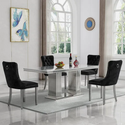 Miniatura 27 de HomVent Juego de mesa de comedor moderna de mármol sintético para 4 personas, mesa de cocina rectangular con 4 sillas beige (dorado)