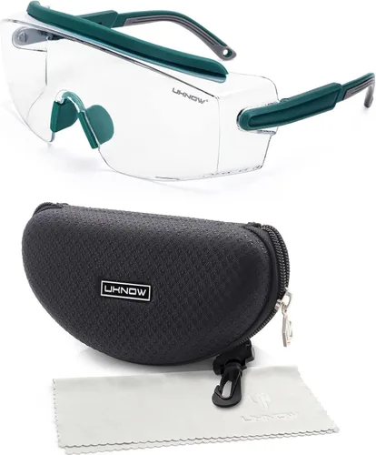 UKNOW Gafas de seguridad sobre lentes, lente envolvente transparente antivaho ANSI Z87.1; estuche portátil para gafas de seguridad con clip para