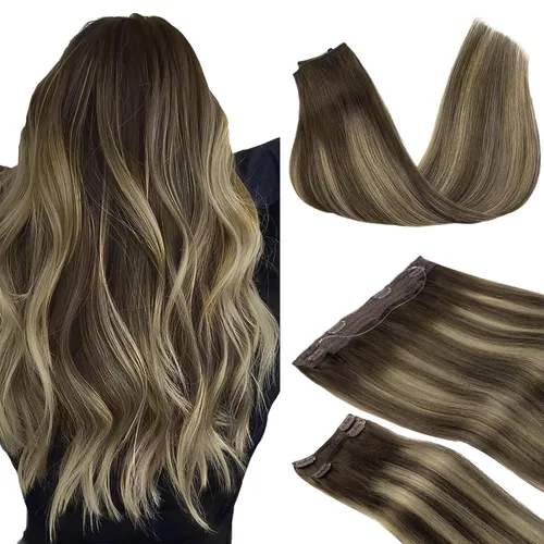 Miniatura 35 de GOO GOO Extensiones de Cabello Humano con Alambre, 18A/613A Rubio Oscuro mezclado con Rubio Decolorado Resaltado 18 pulgadas 95g, Extensiones