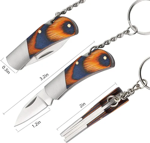 Miniatura 2 de Cuchillo de bolsillo plegable, cuchillo pequeño llavero, cuchillo compacto EDC con mango de madera de color (longitud de la hoja 1.2 pulgadas)