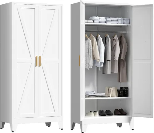 Miniatura 17 de Washsemba 180 cm de armario de metal para casa rural con barra para colgar, 2 armarios de granero con estantes ajustables, cajón, para comedor