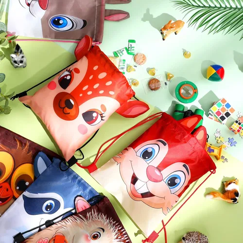 Miniatura 5 de Hillban 16 bolsas de animales con cordón para niños, mochila con cordón para fiestas de niños, con oreja, para cumpleaños de safari (estilo bosque)