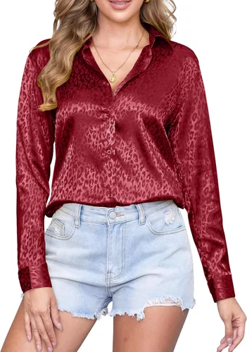 Miniatura 32 de CUNLIN Camisas de satén de seda suave con botones de leopardo para mujer, camisa de trabajo de manga larga de seda, blusas de vestir, tops
