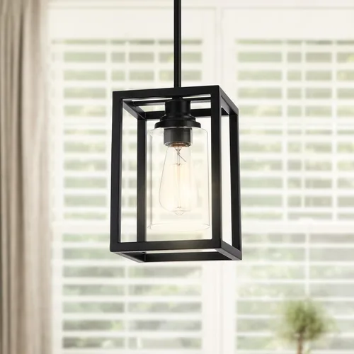 Miniatura 2 de Lámparas colgantes de granja de color negro mate, luces colgantes para isla de cocina, lámpara colgante rectangular de metal lineal, soporte
