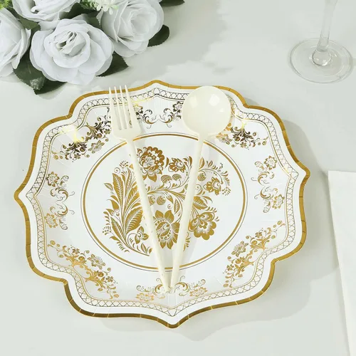 Miniatura 9 de Efavormart - Paquete de 25 platos llanos de papel francés de 10 pulgadas, color blanco y dorado, 300 GSM, resistentes con borde festoneado