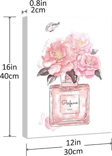 Miniatura 5 de SUMGAR Arte de pared rosa para dormitorio de niñas, decoración de pared de perfume de moda, flores, mariposas, cuadros de lienzo con marco gris