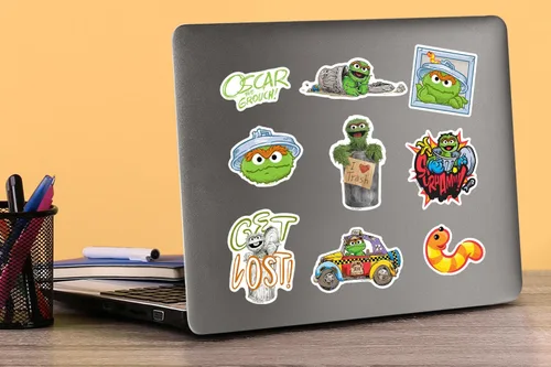Miniatura 5 de Sesame Street Oscar The Grouch - Paquete de calcomanías de vinilo de 50 unidades – Calcomanías grandes impermeables troqueladas para laptop, botella