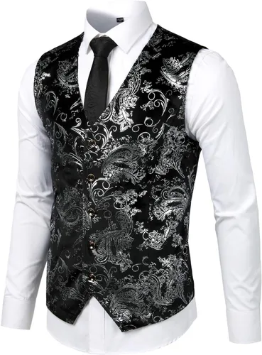 Miniatura 3 de ZEROYAA Chaleco de traje de cuello en V con estampado de cachemira metálico para hombre, chaleco de esmoquin
