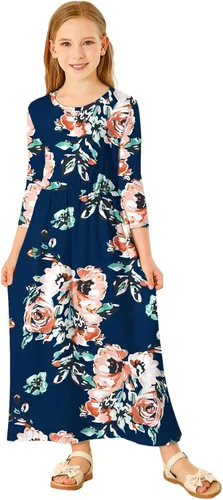 Miniatura 49 de 21KIDS Vestido largo floral de manga larga 3/4 con bolsillos para niñas de 6 a 12 años