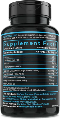Miniatura 6 de SmarterVitamins Aceite de pescado Omega 3, sabor a fresa, sin eructos, insípido, 2000 mg, DHA EPA Triple fuerza apoyo cerebral, apoyo