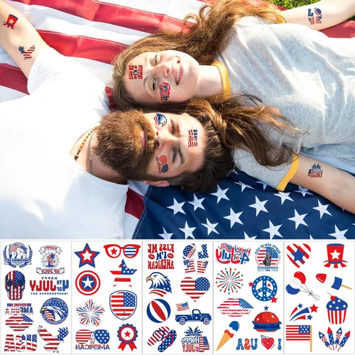 Miniatura 5 de Trajes para mujer del 4 de julio, paquete de 120 tatuajes patrióticos de bandera de Estados Unidos, color rojo, blanco y azul, suministros