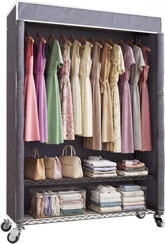 Miniatura 10 de Higeego H4 Plus Perchero Enrollable con Cubierta, Perchero de Ropa Resistente con Ruedas, Closet Portátil para Colgar Ropa, Organizador