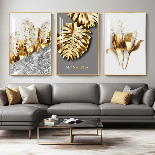 Miniatura 25 de Arte de pared moderno enmarcado en blanco y negro, 3 piezas de impresiones contemporáneas grandes para paredes, juego de 3 imágenes de hojas doradas