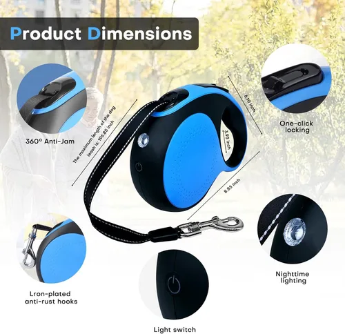 Miniatura 2 de Correa retráctil para perro con cable a prueba de mordeduras y linterna LED, correa resistente de 16 pies, adecuada para perros pequeños/medianos
