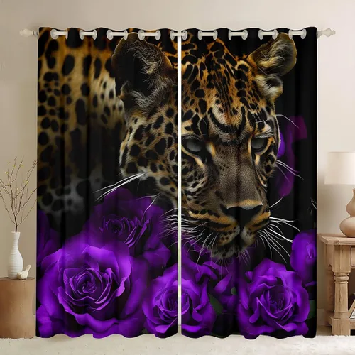 Miniatura 34 de Erosebridal Cortinas de Rosas Rojas 3D Tratamientos para Ventanas de Guepardo, Paneles de Cortinas con Estampado de Gato Leopardo para Sala