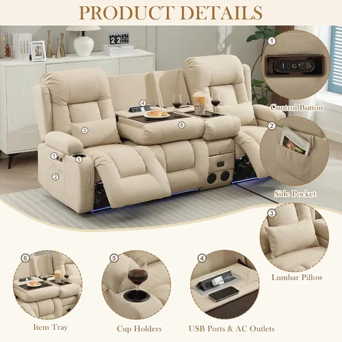 Miniatura 5 de TUNYI Sofá Reclinable Eléctrico Loveseat con Masaje y Calor, Asientos de Cine en Casa con Consola, Sofá Reclinable RV Loveseat con USB/Toma