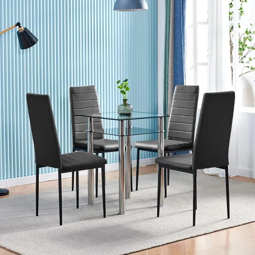 Miniatura 8 de Juego de 4 mesas de comedor y sillas negras modernas de 5 piezas para cocina pequeña, mesa rectangular de vidrio templado y 4 sillas de piel