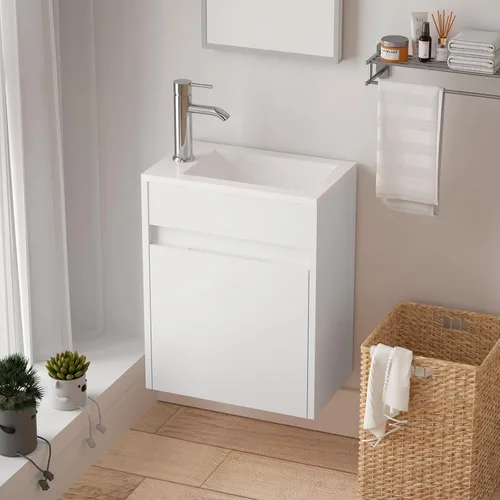 Tocador de baño blanco con fregadero de cerámica combinado, tocador de baño de montaje en pared, 16 pulgadas de largo x 9.8 pulgadas de ancho x 20.3