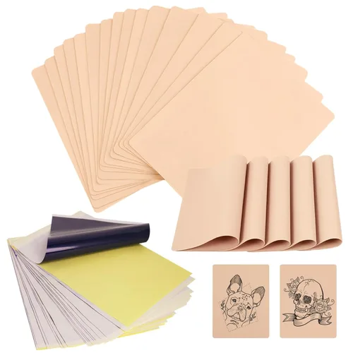 Piel de tatuaje con papel de transferencia, kit de 40 piezas de piel falsa y papel de plantilla, incluye 20 piezas de piel de práctica de doble cara
