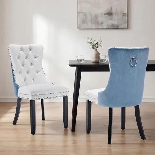 Miniatura 45 de OVENTA Juego de 4 sillas de comedor modernas tapizadas copetudas, terciopelo negro y gris y cuero con patas de madera maciza, sillas de cocina
