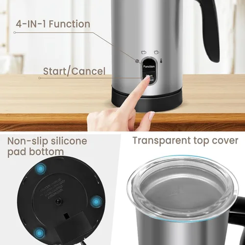 Miniatura 4 de Espumador de leche eléctrico, espumador de café, espumador de leche caliente y fría, calentador de leche automático 4 en 1, acero inoxidable