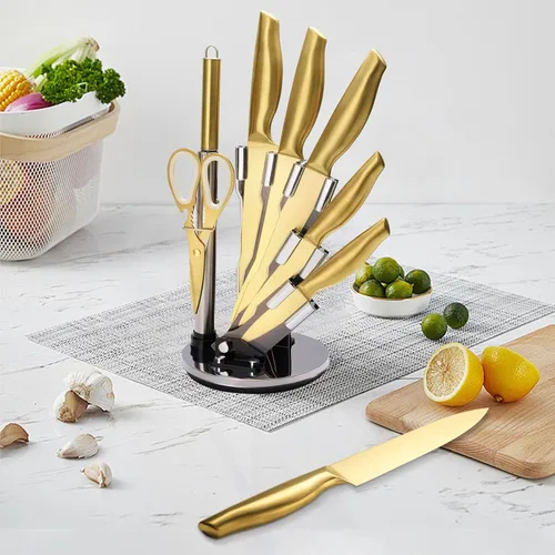 Miniatura 7 de Juego de cuchillos dorados, 8 piezas con revestimiento de titanio dorado apto para lavavajillas, juego de cuchillos de cocina de acero inoxidable