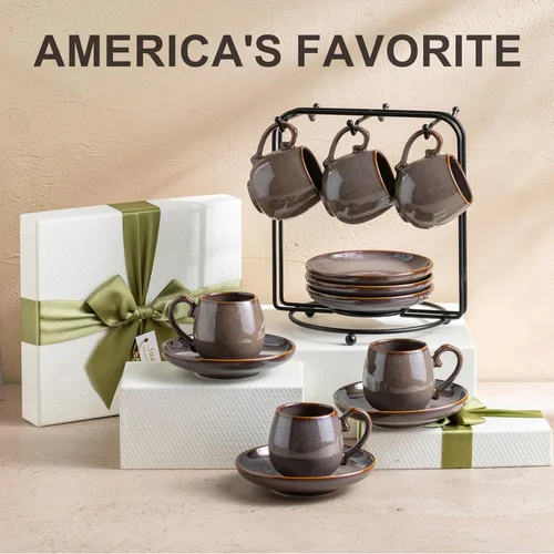Miniatura 4 de LYEOBOH Juego de 6 tazas y platillos de espresso de 3 onzas, tazas de café pequeñas de cerámica con soporte de metal y cucharas, lindas tazas Marrón