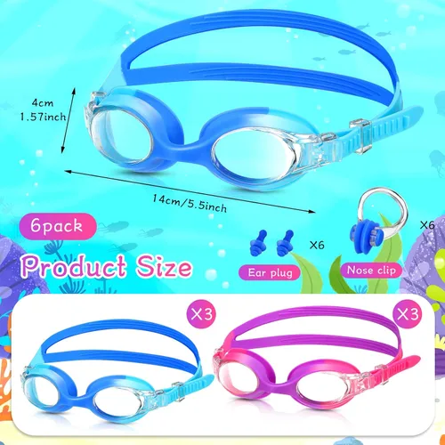 Miniatura 2 de Macarrie 6 gafas de natación para niños, sin fugas, antiniebla, para niños y niñas, con clip para la nariz, tapones para los oídos, de 3 a 14 años