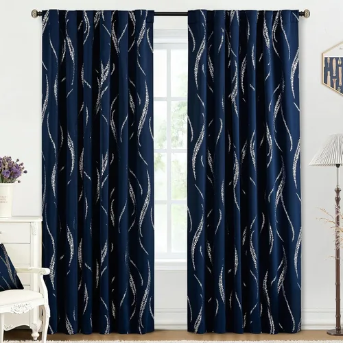 Miniatura 50 de Yakamok Cortinas opacas de 84 pulgadas de largo para sala de estar, con aislamiento térmico, patrón de líneas onduladas doradas, patrón de puntos