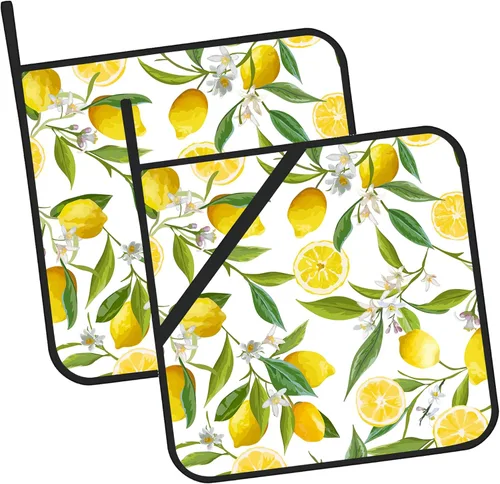 Juego de 2 soportes para ollas de frutas de limón, resistentes al calor y antideslizantes, almohadillas calientes para horno de flores blancas para