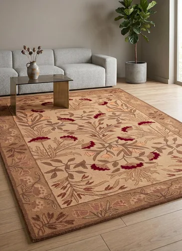 Miniatura 2 de Restoration and Renovation Handmade Floral Adeline Beige/Blue Tulips Traditional Crafted Wool Area Rug for Living Room Bedroom and Kitchen