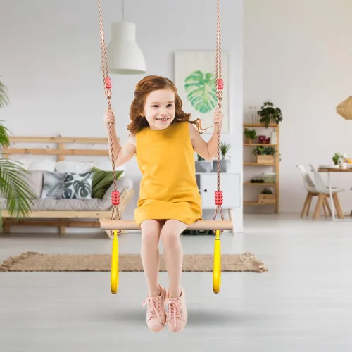 Miniatura 3 de PELLOR - Barra de trapecio de madera para juegos infantiles con anillos de gimnasio de plástico, juego de columpio para diversión en interiores
