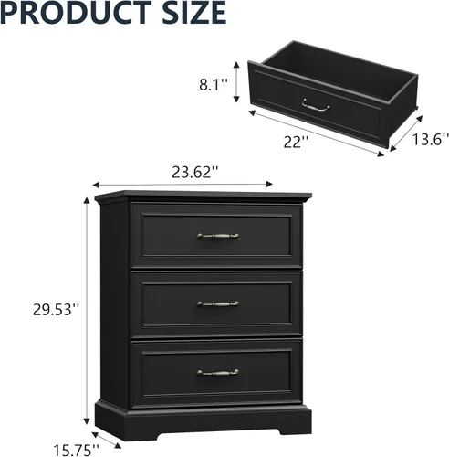Miniatura 2 de Thacuok Cómoda de 3 cajones para dormitorio, cómoda de madera de 24 pulgadas de ancho, cómoda rústica de granja con cajones grandes y asas de metal