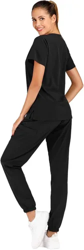 Miniatura 3 de Minty Mint Conjunto de uniforme médico elástico sólido para mujer con cuello en V pantalones deportivos cónicos tipo cargo