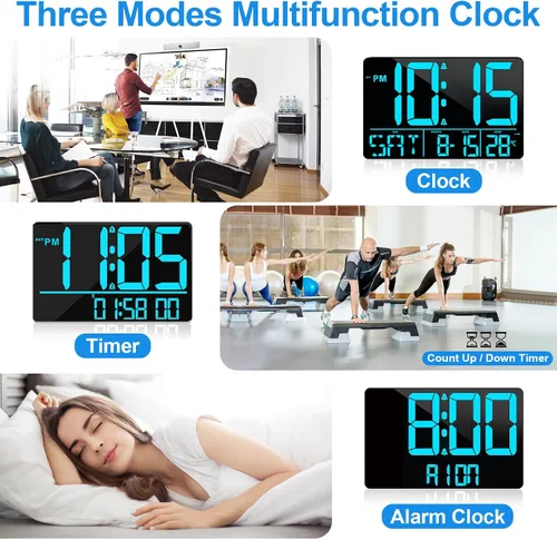 Miniatura 7 de PERSUPER Reloj de pared digital de 13 pulgadas con control remoto, 25 tonos de llamada, temperatura, calendario, 0-100% brillo automático