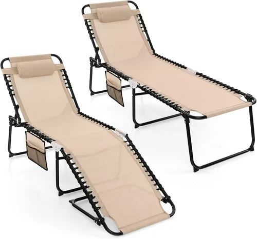 Miniatura 11 de Goplus Tumbona para exteriores, silla de playa plegable extragrande de 5 posiciones con almohada desmontable, bolsillo lateral, silla de bronceado