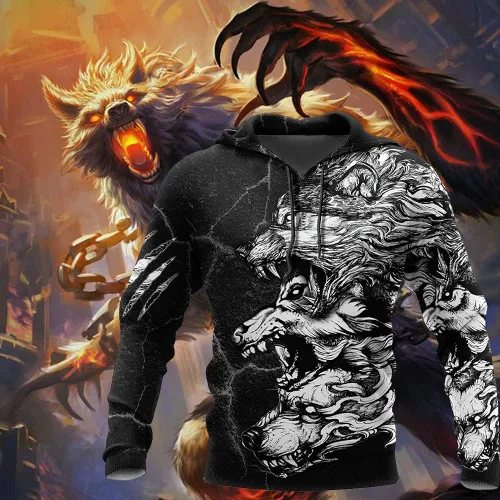 Miniatura 3 de Sudadera con capucha Viking Fenrir con estampado 3D de tres lobos grises Totem unisex